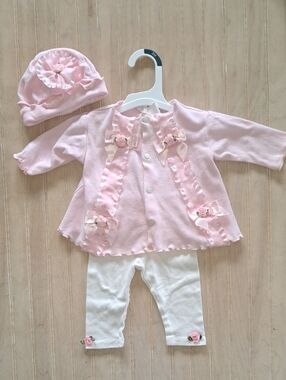 Mothermaid Original 3 Piece Set Ruffle Bows Cardigan Leggings Hat Shabby Chic
